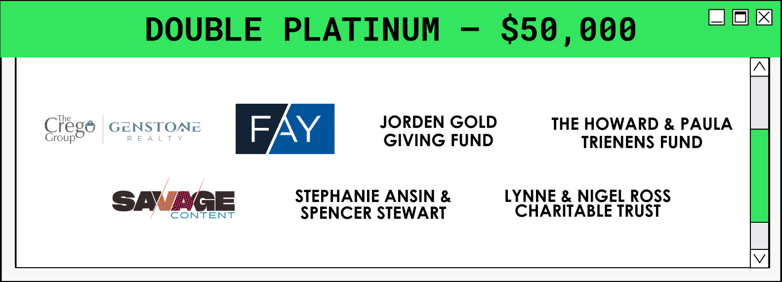 Sponsor tier box displaying multiple sponsor logos, including Crejo Gemstone, FAY, Jordan Gold Giving Fund, The Howard & Paula Trienens Fund, Savage, and other supporting organizations.